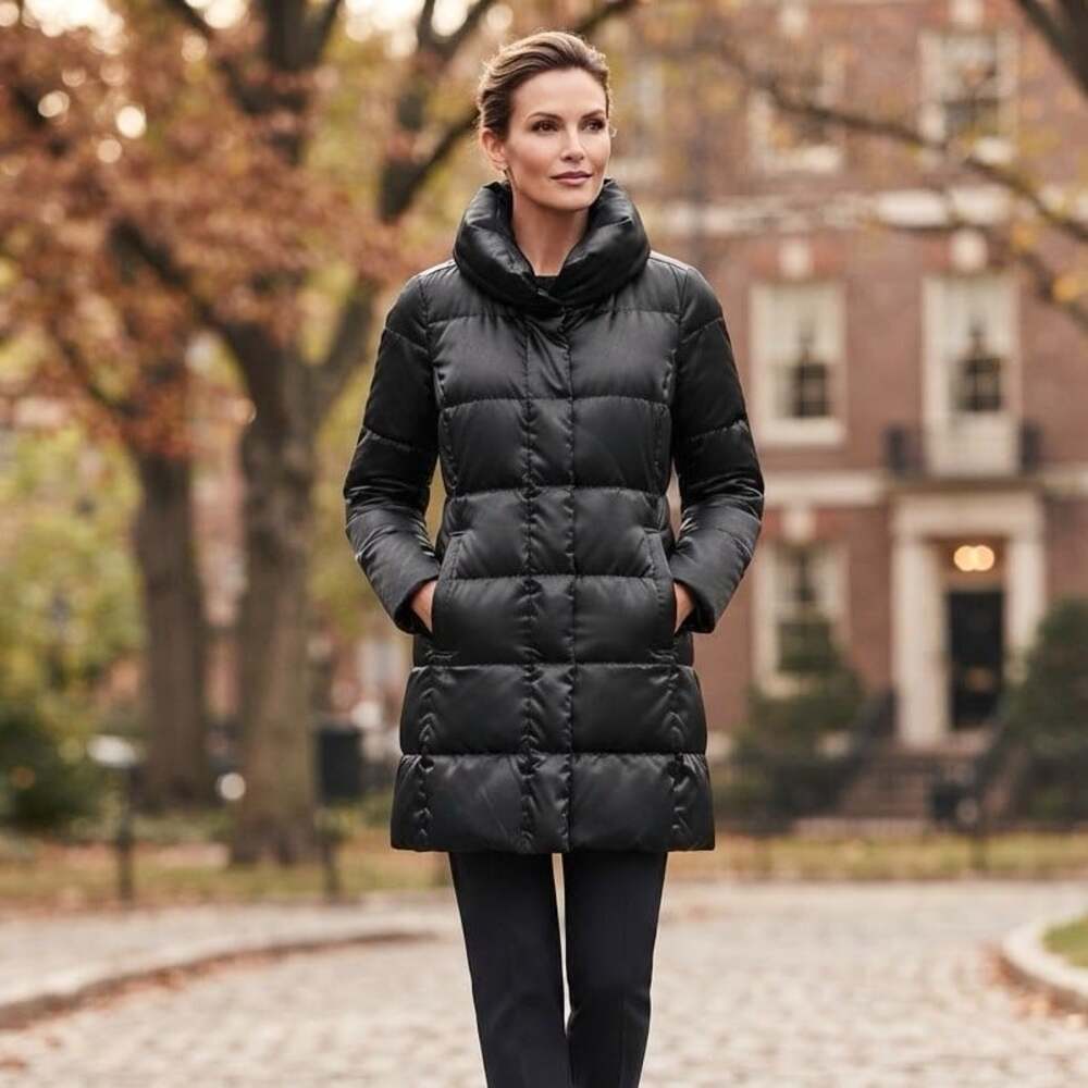 Lands End Sz M Black Funnel Neck Down Winter Puffer Coat Thigh Length Satin Coat